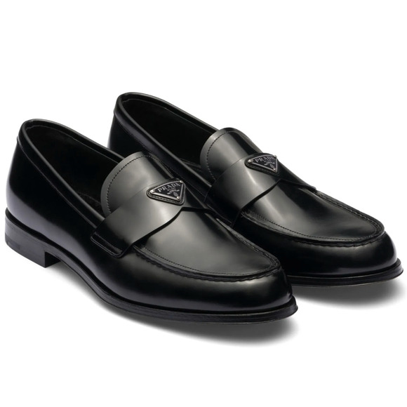Prada Black Brushed Leather Triangle Logo Classic Loafer SlipOn Flat UK 12 US 13 main image 14